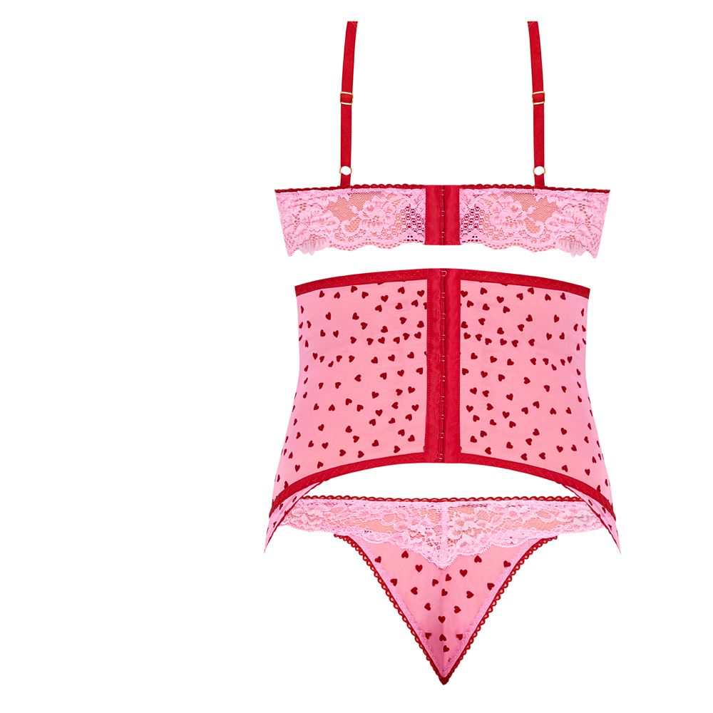 Magic Silk Tickled Pink High-Neck Bra, Gartered Waist Cincher & Thong Set Pink S/M