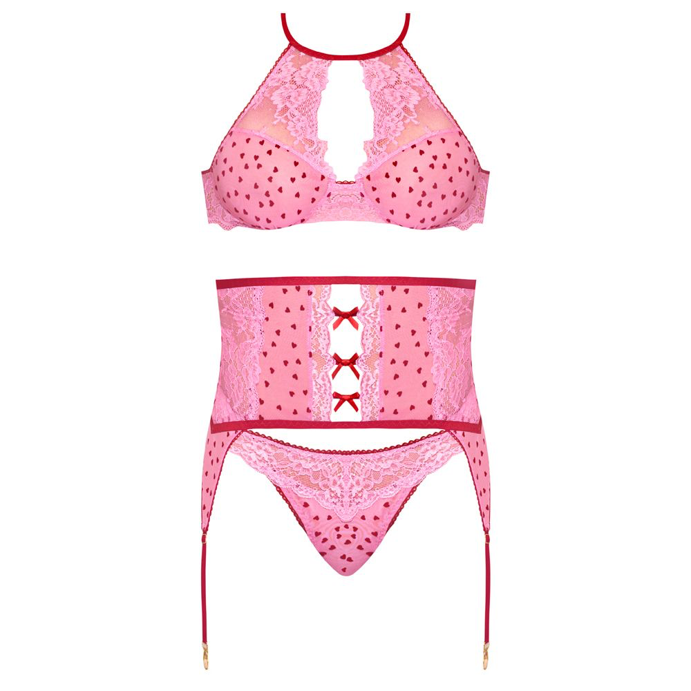 Magic Silk Tickled Pink High-Neck Bra, Gartered Waist Cincher & Thong Set Pink S/M