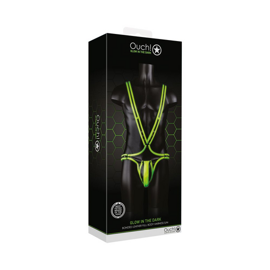 Ouch! Glow in the Dark Bonded Leather Full-Body Harness Neon Green S/M