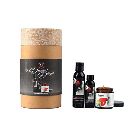 Earthly Body Decadent Delights Edible Massage in a Tube Holiday Massage Oil Trio Gift Set includes 1 of each: 2 oz. Massage Oil Cuddle, Spoon, and Cheek-to-Cheek