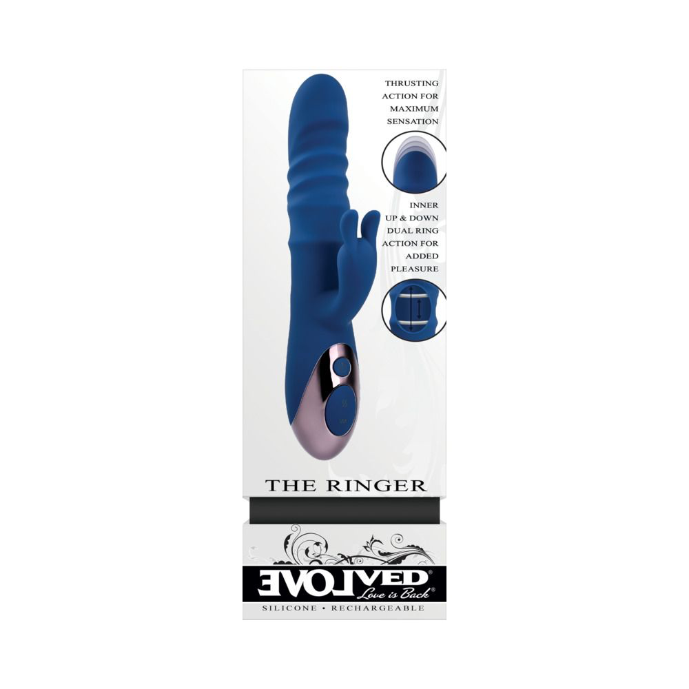 Evolved The Ringer Rechargeable Thrusting Silicone Rabbit Vibrator Blue