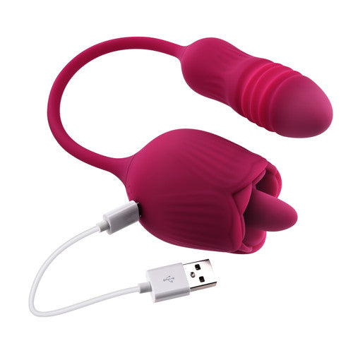 Evolved Wild Rose Rechargeable Dual-Ended Silicone Thrusting Egg & Flicking Tongue Vibrator Red