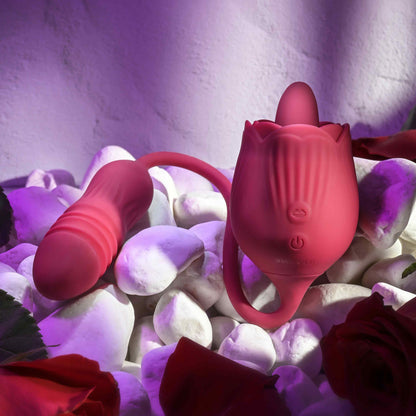 Evolved Wild Rose Rechargeable Dual-Ended Silicone Thrusting Egg & Flicking Tongue Vibrator Red