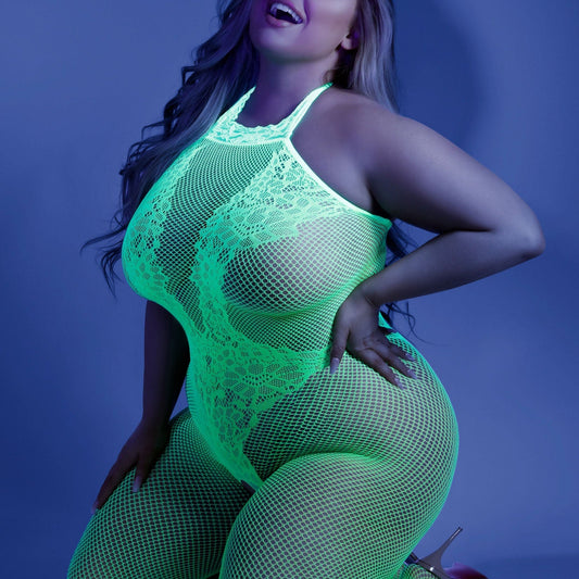 Moonbeam Crotchless Bodystocking - Queen - Neon Green