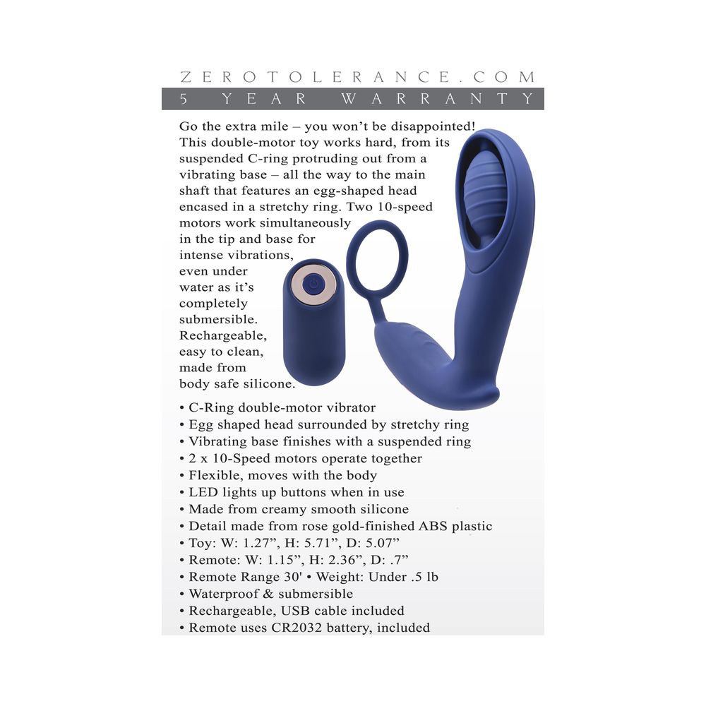 Zero Tolerance Extra Mile Rechargeable Remote-Controlled Silicone Vibrating Prostate Massager with C-Ring Blue